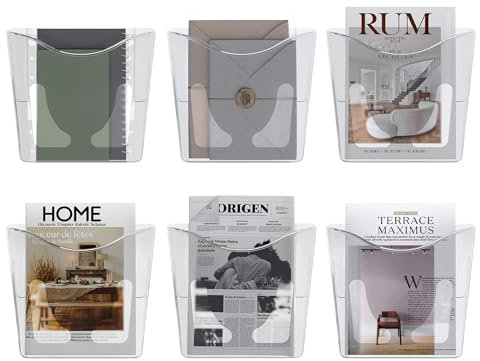 Senhoglb Porte-Revues Mural A4 Lot de 6 Organisateur Mural en Plastique, Vertical Porte Document Mural pour Documents, Magazines et Courrier, Papier, Transparent