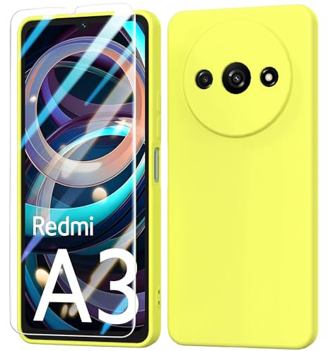 BUTISHIYU Case Compatible with Xiaomi Redmi A3 4G with 1 Tempered Glass Screen Protector, Silicone Slim Fit Shockproof Anti-Scratch Case for Xiaomi Redmi A3 4G - Yellow