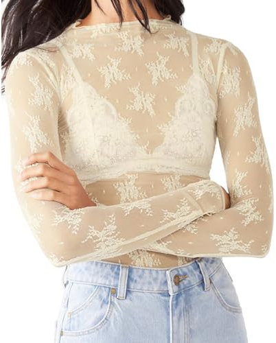 Caziffer Women's Lace Layering Top Long Sleeve Sheer Mesh Mock Neck Undershirt Y2K Lace Floral Tops See Through Shirt Blouse (Embroidery Flower Beige, M)