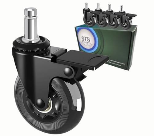 8T8 3 Office Chair Caster Wheels with Brakes Heavy Duty, Set of 5,Replacement Universal Rolling Chair Wheels for Hardwood Floors Carpet, Rubber Desk&Gaming Chair Casters with Locks