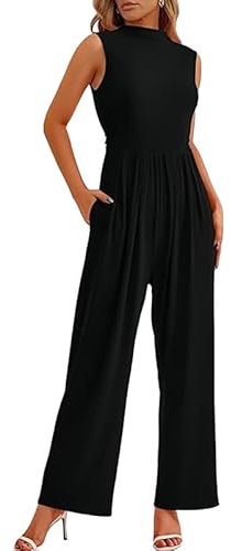Haibang Jumpsuit Damen Sommer Elegant Ärmellos Overall Lang Mock Neck Romper Lässig Einteiler Festlich Hochzeit Hosenanzug Weites Bein Hose Playsuit mit Taschen