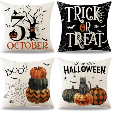 ZJILIXIA 4Pcs Funda De Almohada De Halloween,45 X 45cm Halloween Throw Pillow Cover De Lino,Calabazas Telaraña Feliz Trick or Treat Funda De Almohada Funda Almohada (Halloween-2)