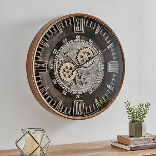 Samilito Wanduhr mit echtem Bewegungsgetriebe Zahnrädern 59,5cm (Metall, Antique Brass Gold)