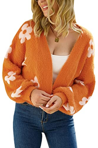 Theenkoln Damen Strickjacke Blumen Winterjacke: Lässig Übergangsjacke Frühling Fleecejacke Herbst Cardigan Herz Steppjacke Gänseblümchen Teddyjacke Langarm Pullover Plüschjacke Orange XL