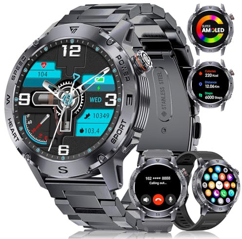 DREMAC Militär Smartwatch Herren mit 3 Armbänder/460mAh Akku,5ATM Wasserdicht Fitnessuhr,1.43'' Amoled Sportuhr mit 123 Sportmodi,Bluetooth Anrufe,24/7 Herzfrequenz,Schlafmonitor,Andoid iOS Kompatibel