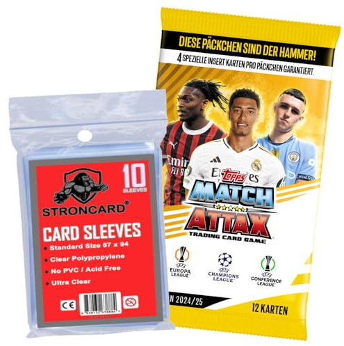 Bundle mit Topps Match Attax Karten Champions League 2024-2025 Trading Cards - Exklusive STRONCARD Sammelkarten Hüllen - 1 Booster