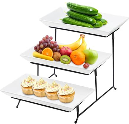 Unibos 3 Tier Plastic Serving Tray for Party Supplies, 30x29.5cm Platters for Serving Food, White Detachable Reusable Trays with Black Mental Display