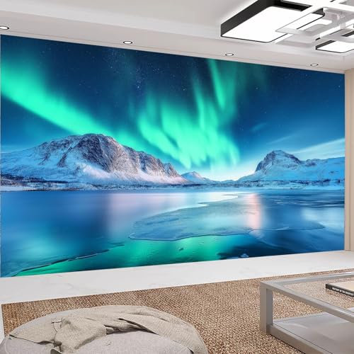 Art Fototapete 200 x 140 cm Sternenklares Nordlicht Vlies Tapeten Schneebedeckte Berge Wandtapete Wohnzimmer Schlafzimmer Tapete