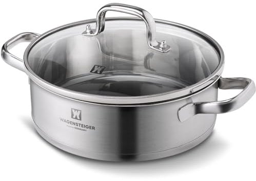 WAGENSTEIGER 4.3 Quart Casserole Pot/Dutch Oven/Saute Pan, 3-Ply Stainless Steel with Aluminum Core, Tempered Glass Lid, Ergonomic Handles, All Cooktops Compatible (9.84 Diameter Casserole)