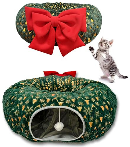 CHUN. F - Tunnel a ciambella per albero di Natale, a tema natalizio, con grande fiocco rosso, in velluto ultra morbido, con pallina giocattolo