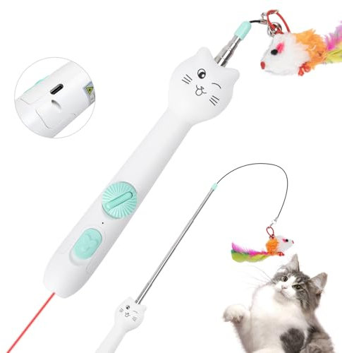 Nobleza - Varita Retráctil para Gatos, 5 Patrones LED, USB Recargable, Plumas Juguete Interactivo para Gatos