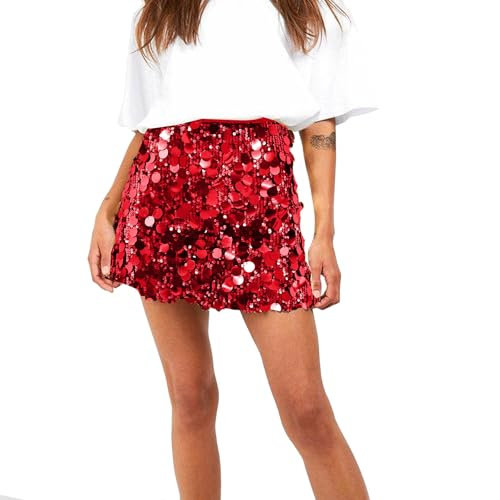 Generisch Rock Damen Pailletten Rock Bauchtanz Hüftrock Karneval Pailettenrock Glitzernde Rave Outfits Glitzer Festival Outfit Tanzkleid Skaterrock Karneval Glitzerrock Kostüm Prime Rot M