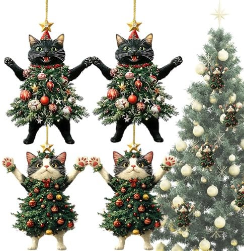Acrylic Christmas Ornament, 4Pcs 2D Funny Hanging Christmas Cat Decorations, Adorable Cat Dressed as a Christmas Tree, Cat Gifts for Cat Lovers, Tree Cute Lovely Christmas Decoration