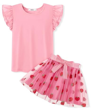 Arshiner Abito Gonna Ragazze Estate Manica Corta Set Due Pezzi Rosa T-Shirt con Gonna Moda Principessa Vestito Elegante Sera Vestito Bambini Festa Festivo Abbigliamento Set con Cintura 4-5 Anni