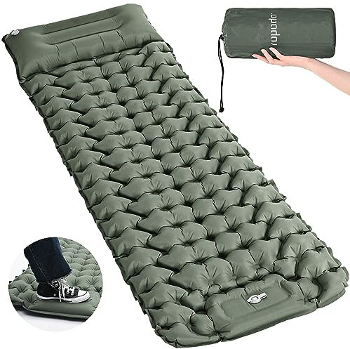 ROPODA Single Air Bed, Quick Flocked Inflatable Mattress, Blow Up Camping Bed with Pillow & Built-in Foot Pump, for Camping, Short Trips, Family Guests 75*30*11 (Gray)