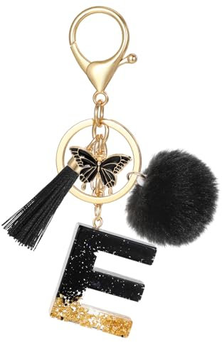 MWOOT Schlüsselanhänger Buchstabe E, Schlüsselanhänger mit Anfangsbuchstaben Schmetterling Bommel Quasten Anhänger für Damen Mädchen, Schwarz Harz Schlüsselringe Name für Rucksack Handtaschen Charms
