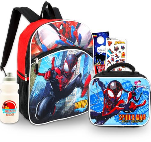 Marvel Miles Morales Multicolor Spiderman Backpack for Boys, 16 Daypack with Lunch Box, Water Bottle, Stickers, Ages 3+