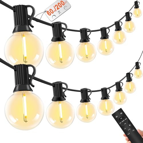 Lichterkette Außen mit Fernbedienung 60M /200FT LED Lichterkette Dimmbar 78+2 G40 Glühbirnen, 4 Modus und Timmer Funktion, Wasserdicht für Outdoor Garten Balkon Terrasse Party Camping Hochzeit