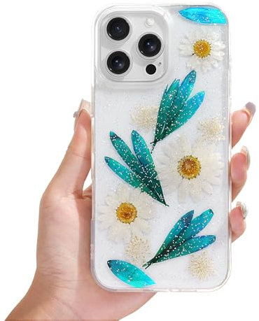 rongki Floral Case for iPhone 11 Pro Clear Case with Real Dried Flower Patterns, Glitter Cute Flowers Design for Women Girls Slim Soft Edge Shockproof Phone Cover for iPhone 11 Pro 5.8(Peacock Blue)