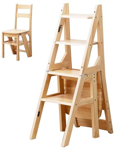 Escalera De Tijera Silla Madera Escalera De Tijera Taburete Escalera Pequeño Plegable Estante Flores Silla Escritorio Comedor Escalera Cuatro Escalones Herramienta Jardinería(Wood colorB)