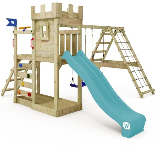 WICKEY Spielturm Ritterburg GateFlyer mit Schaukel & Rutsche, Outdoor Kinder Kletterturm mit Sandkasten, Leiter & Spiel-Zubehör für den Garten (Türkis)