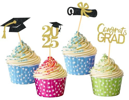 Glitzer Schwarz Gold 2025 Graduation Cupcake Toppers,24 Stück Graduation Deko Abschlussfeier Cupcake Toppers,Bachelor Hut 2025 Grad Cap Abschluss Deko für Graduation Abschlussparty Dekoration