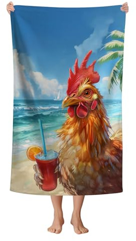 WZOMT Mikrofaser-Strandtuch, Huhn mit Getränk am Strand, Ozean-Druck, Handtücher für Kinder und Erwachsene, weich, schnell trocknend, saugfähig, Badetuch für Pool/Schwimmen/Reisen/Badezimmer,