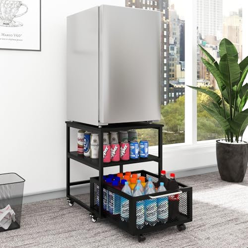 PUNCIA 50x50cm Mini Fridge Stand with Storage and Wheels Heavy Duty Mini Refrigerators with 4 Lockable Wheels Table Beverage Refrigerator Stand for Coffee Bar Fridge Car for Office Home Dorm Black
