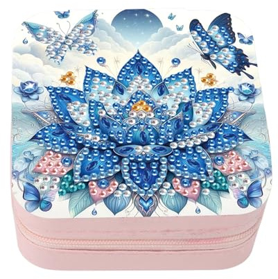 DCIDBEI Diamond Painting DIY Schmuckschatulle Reisen Schmuckbox Damen Klein Reise Schmuck Etui Tragbarer Reise Schmuckbox jewellery Box Small für Ohrringe Ringe Ohrstecker Kette Lotus Blau