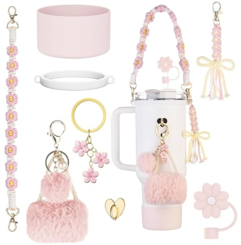 8Pcs Stanley Tumbler Accessories Kit, Reusable Straws Cover, Non-Slip Boot and Handle Strap for 30oz and 40oz Cups, Pink Charm Decor Set