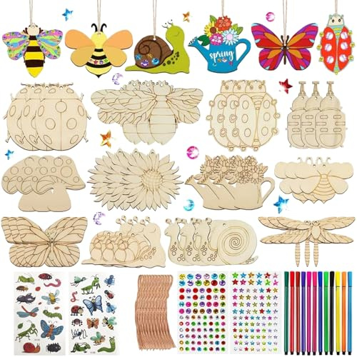 Sugfews 36 Stück Insekten Holz Bastelset, Holzanhänger zum Bemalen, DIY Bastelsets für Mädchen Junge, Schmetterlinge, Libellen, Blumenanhänger zum Bemalen, mit Aquarellstift Edelsteinaufkleber