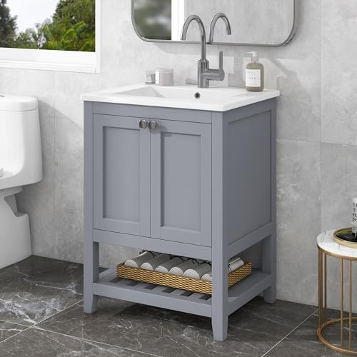 Ojiuboo, Lavabo simple avec meuble inférieur, lavabo au sol, en céramique haute brillance, meuble bas imperméable gris clair, convient aux salles de bains d'invités et principales, gris clair