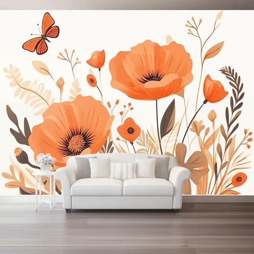 Générique Papier Peint Bohème Fleurs Plantes Mural - Couleur Orange Décoration Papier Peint Intissé, Art Mural Design pour Mur de Fond TV Chambre à Coucher Salon 300 x 210 cm