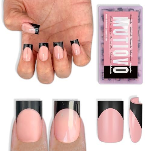 MUTIOVO Black French Tip Short Straight Square Nail Tips Press on, BABY PINK Extra Thick NEED Soft Gel Nail Extension, Need Builder gel & Top,Coat Full Cover False Nails, for DIY x 15 Sizes 150 pcs