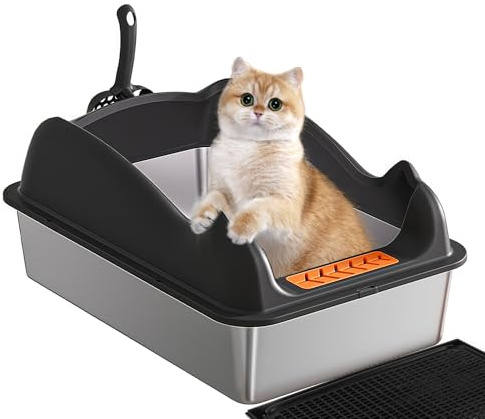 NATISSTEKE Stainless Steel Cat Litter Tray, Metal Cat Litter Box with Detachable Spill Preventing Walls, Includes Mat and Scoop, For Kittens, Adult Cats, Rabbits, Easy to Clean
