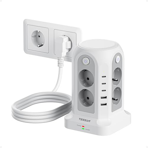 TESSAN 13 en 1 Torre Regletas Enchufes，2 Metros Extension Cord, Gris | Extension Electrica con 3 USB-C, 4 Interruptores Individuales, Protección Sobretensión, 3680W