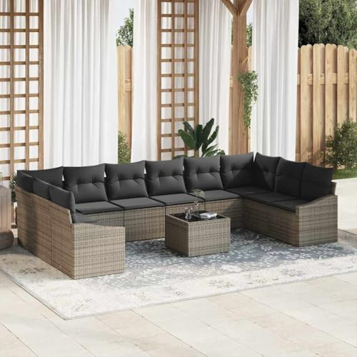 Holamys Garten Sofa Set 11-teilig Grau Poly-Rattan mit Kissen, Höhenverstellbarer Tisch, Modulare Outdoor Lounge Möbel, UV-beständig, Wetterfest