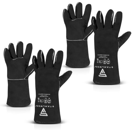STAHLWERK Schweißerhandschuhe aus Rindspaltleder 2 Paar – Länge 35 cm | Hitze- und feuerbeständige Schweißhandschuhe zum Schweißen und Plasmaschneiden | angenehmes Tragegefühl | Einheitsgröße