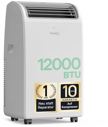 KresicoKlima Mobile Klimaanlage 12000 BTU, Klimaanlage mobil mit Abluftschlauch, Mobiles Klimagerät mit Abluftschlauch für Räume bis zu 43m²/120m³, Klimagerät mit Timer, R290, weiß