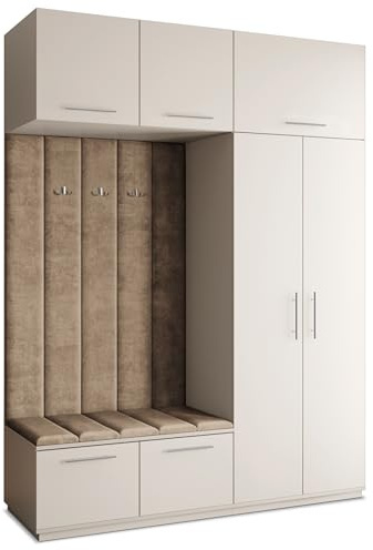 Masseno Flugarderoben Set Rema, Kleiderschrank-Set mit Sitzbank, Garderobenschrank Flur mit 5 Regalböden, Kaschmir