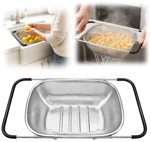 Passoire extensible inox 28 x 19 x 8 cm | Panier à mailles fines, poignées caoutchouc antidérapantes extensibles,Filtration rapide, durable