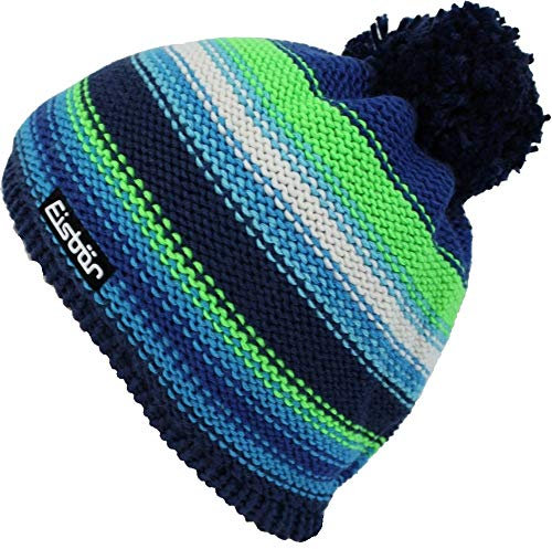 Eisbär Mütze - Caja Pompon Kids (blau/neongrün/Weiss gestreift)