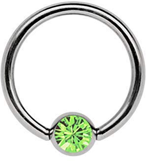 Titan Ring in 1,2 x 10 mm als Lippenbändchen Piercing mit flachem Stein in 4 mm Ø, hellgrün