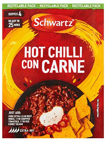 Schwartz Hot Chilli Con Carne Mix 41 G | Serves 4 | Pack of 12 | Extra Hot & Spicy | Rich Mexican Flavour | With Vibrant Chillies, Earthy Cumin and Rich Cocoa Powder