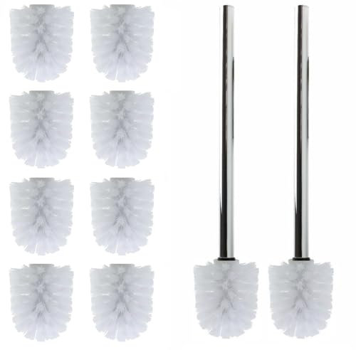 Daloual - 10 x Ersatz WC-Bürstenkopf Weiß Ø ca. 6,5 cm + 2 x Edelstahl-Griff 26,5 cm - Toiletten-Bürste - Klo-Bürste - WC-Besen - austauschbar - modernes Design - hochwertig - langlebig