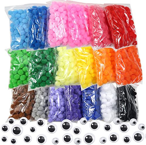 TOAOB 2000 Stück Bunte Pompons zum Basteln 1cm Filzkugeln Bunt Klein Pom Poms Deko Flauschigen Plüsch set Bälle Kunst Bommel mit 100 Stück Selbstklebend Wackelaugen für Lustige DIY Kreative Handwerk