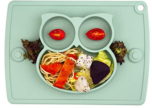 Baby Teller Schüssel Mini Silikon Tischset für Baby Kleinkinder und Kinder Tragbar Teller Baby Rutschfest Babyteller Tischset Abwaschbar für Spülmaschine, Mikrowelle (Matcha Eule)