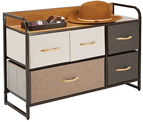 mDesign Kommode mit 5 Schubladen – breiter Schubladenschrank für Schlafzimmer, Wohnzimmer oder Flur – Kleiderkommode aus Metall, MDF und Stoff – mehrfarbig und braun