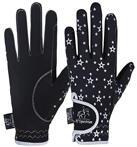AFE Guanti per bambini per ragazze e ragazzi Guanti da equitazione unisex Guanti da sport Guanti da ciclismo per bambini Nero Blu Rosa Star Design (Black Star Design, XS)