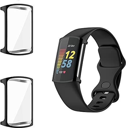 Giaogor Schutzhülle Kompatibel mit Fitbit Charge 5, Flexibles TPU Vollschutz mit Displayschutzfolie Kratzfest Displayschutz Schutz Hülle Für Fitbit Charge 5 Tracker (Schwarz+Schwarz)